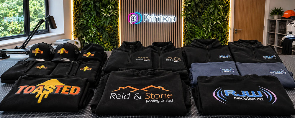 Custom printed and embroidered workwear displayed inside the Printora studio in Coleshill