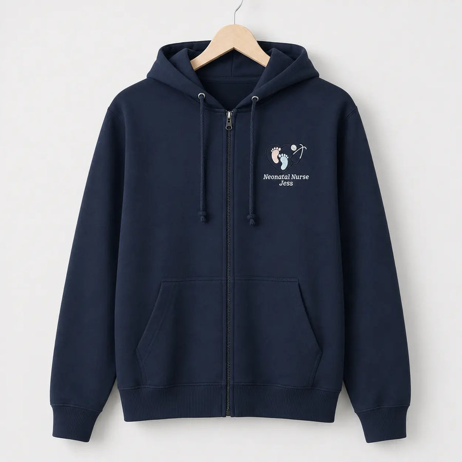 Navy NHS Neonatal Nurse hoodie with footprint embroidery