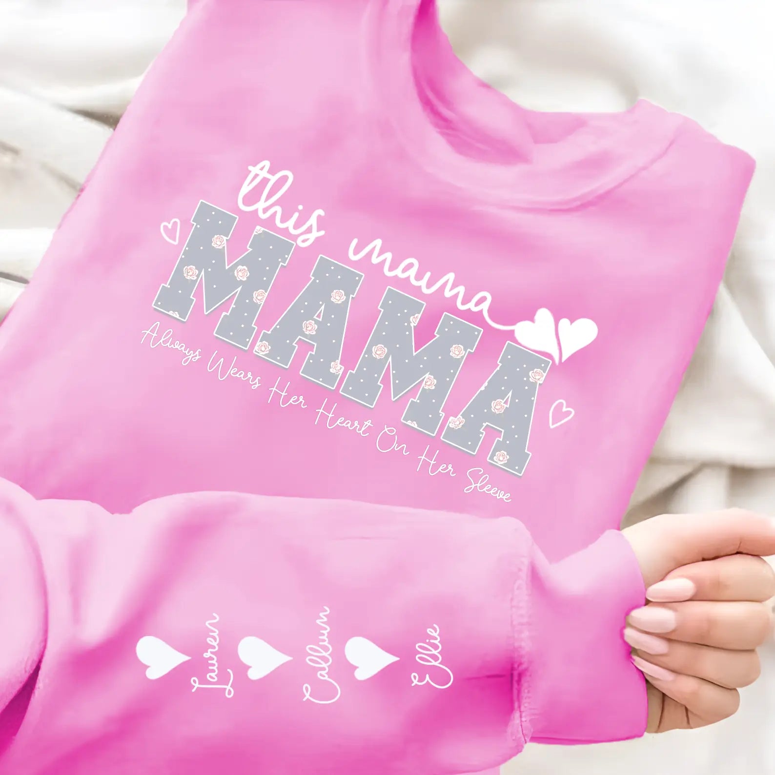 Pink This Mama Wears Her Heart on Her Sleeve personalised jumper