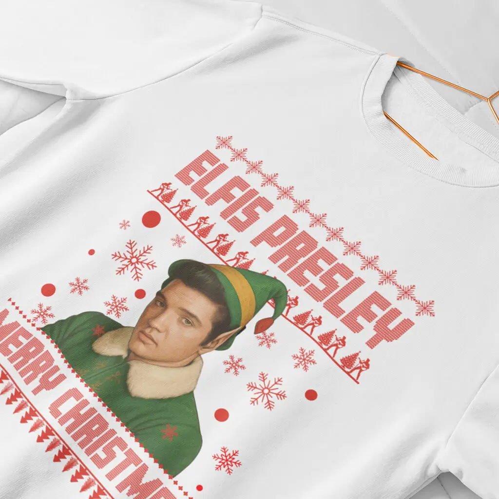 Elfis Presley white Christmas jumper with red festive lettering