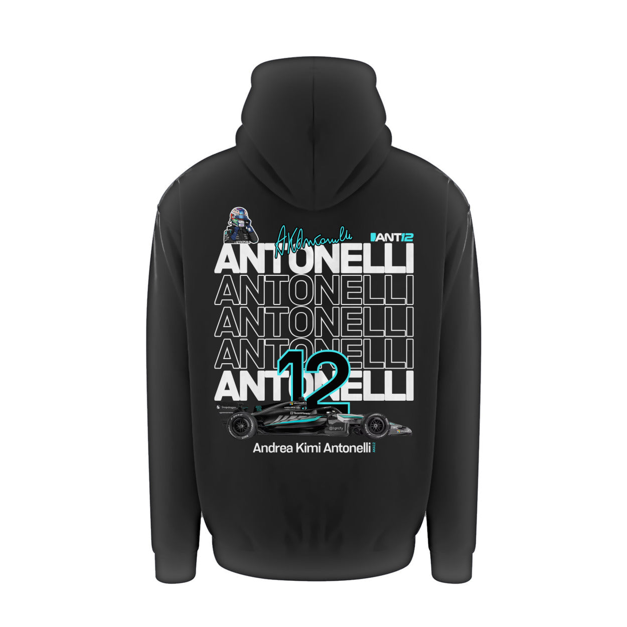 Black hoodie, back view with large ANT12 print
