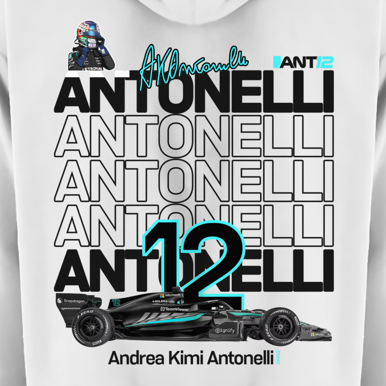 White hoodie, ANT12 back print close-up