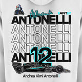 White hoodie, ANT12 back print close-up