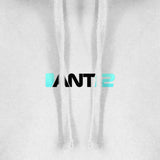 White hoodie, ANT12 chest logo close-up