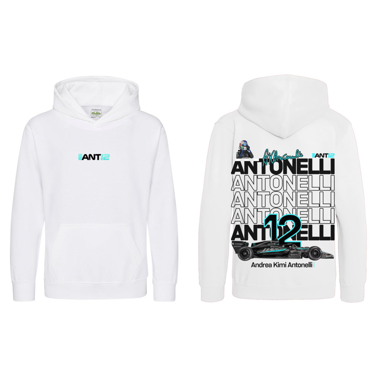 White kids hoodie, front and back