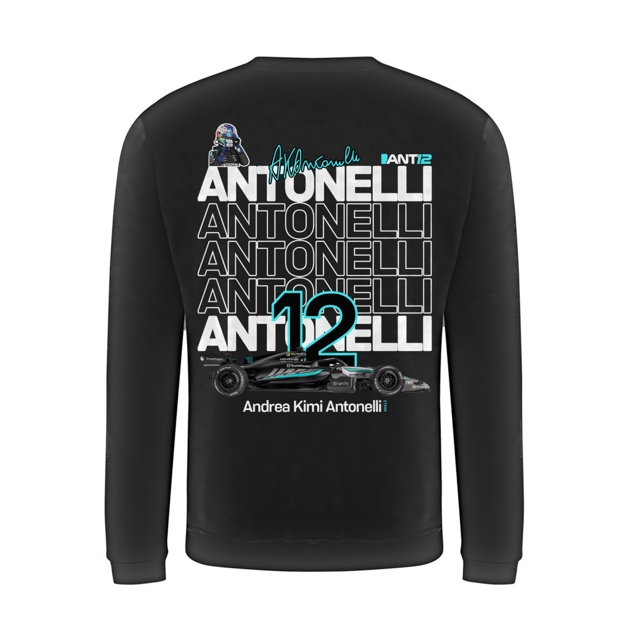 Black jumper, back view with large ANT12 print