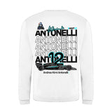 White jumper, back view with large ANT12 print