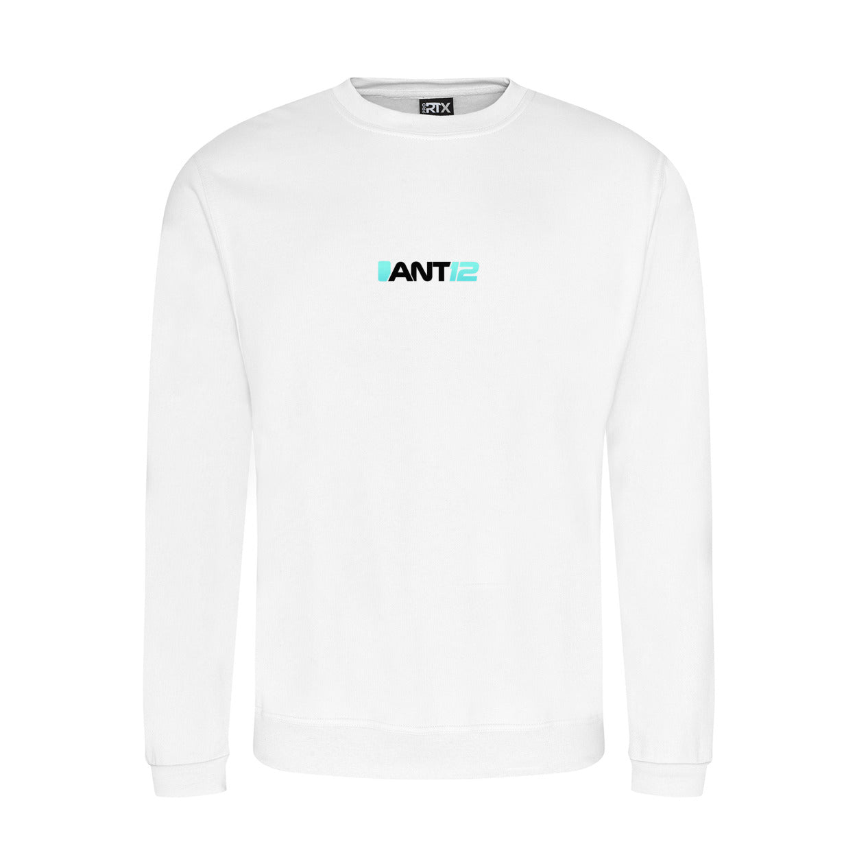 White jumper, front view with ANT12 chest logo