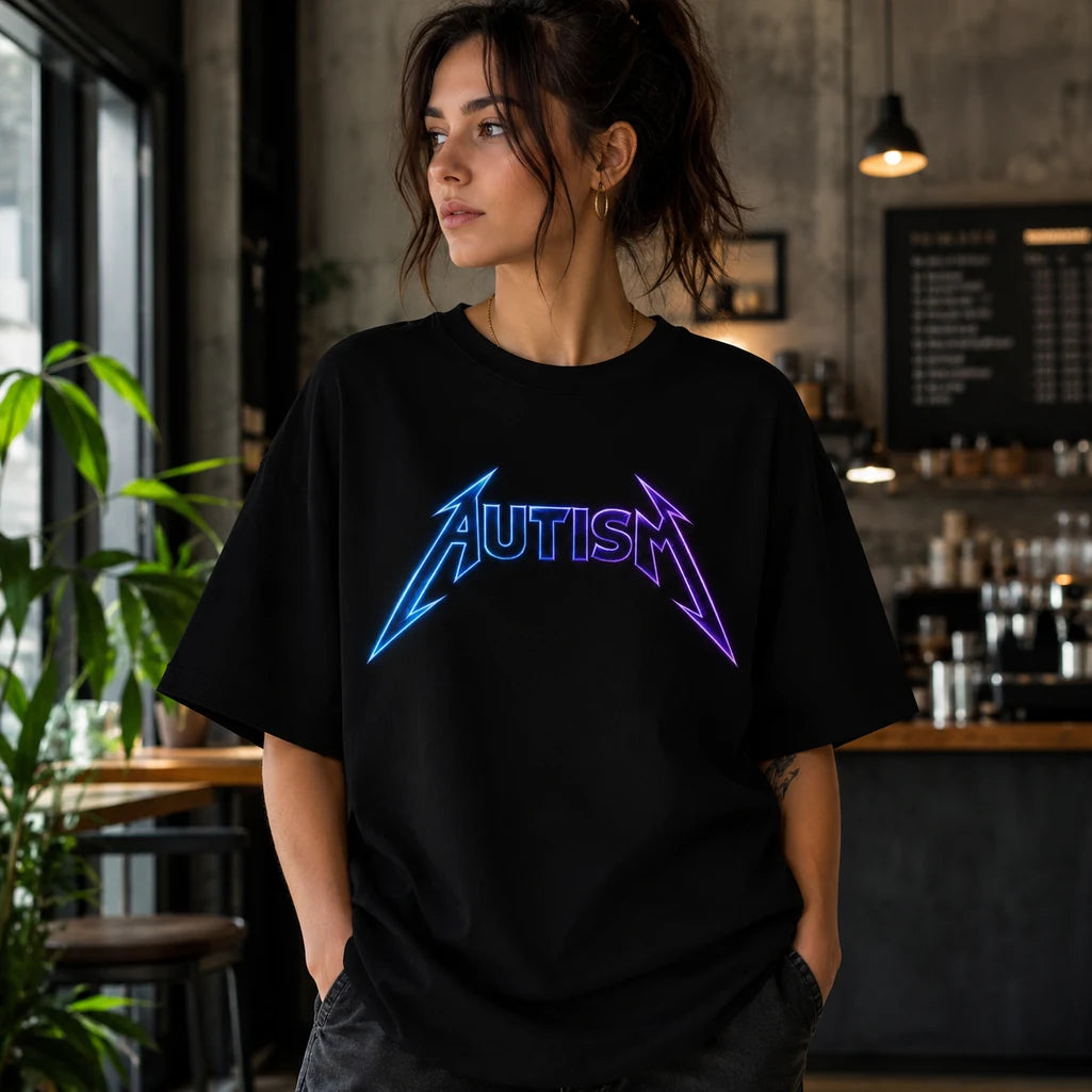 Female model wearing autism neon blue and purple graphic black T-shirt