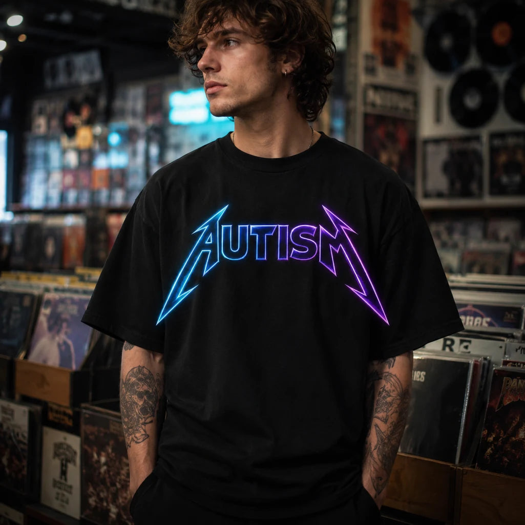 Autism neon graphic black T-shirt model in record shop