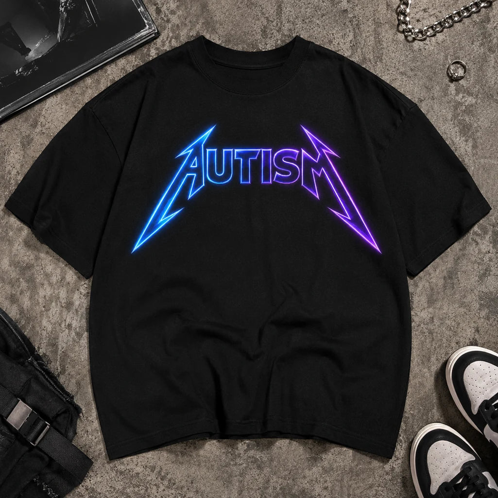 Autism neon graphic black T-shirt premium flat lay mockup