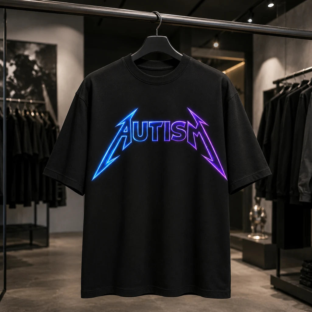 Autism neon graphic black T-shirt hanging in clothing boutique