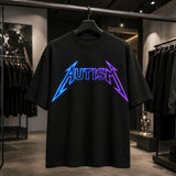 Autism neon graphic black T-shirt hanging in clothing boutique
