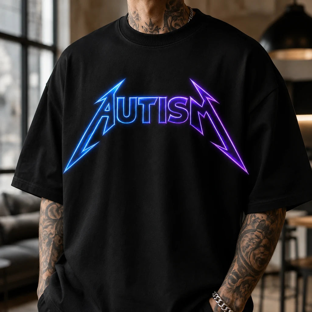 Close-up autism neon graphic print on oversized black T-shirt