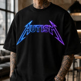 Close-up autism neon graphic print on oversized black T-shirt