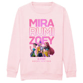 Pink sweatshirt with 'MIRA RUMI ZOEY' text and K-POP Demon Hunters characters on a white background