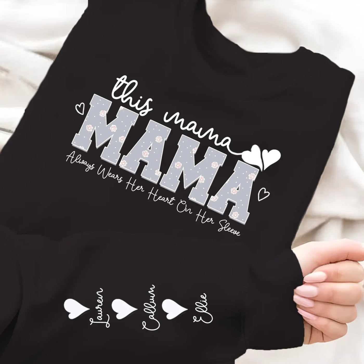 Black This Mama Wears Her Heart on Her Sleeve personalised jumper