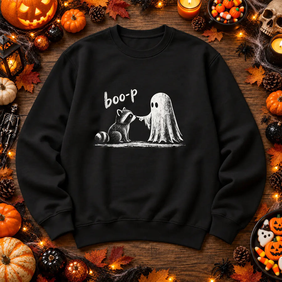 Black Boo-P ghost and dog Halloween jumper flat lay