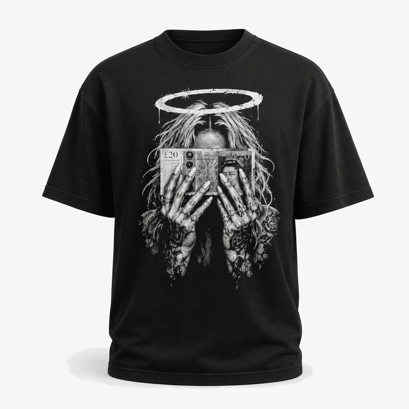 Deep Black tshirt — Money Halo Graphic T-Shirt | Gothic Streetwear Black Tee