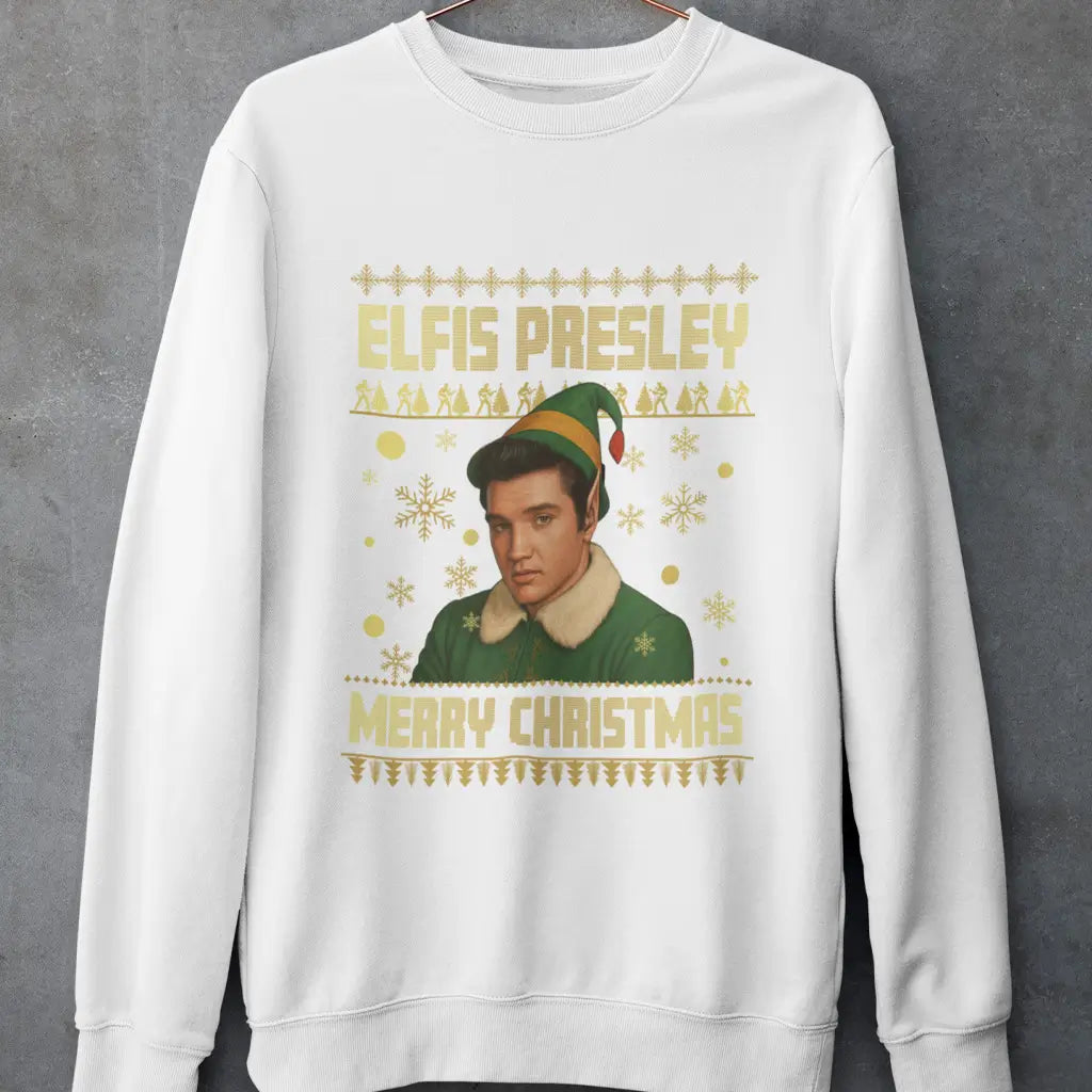 White Elfis Presley Christmas jumper with gold text