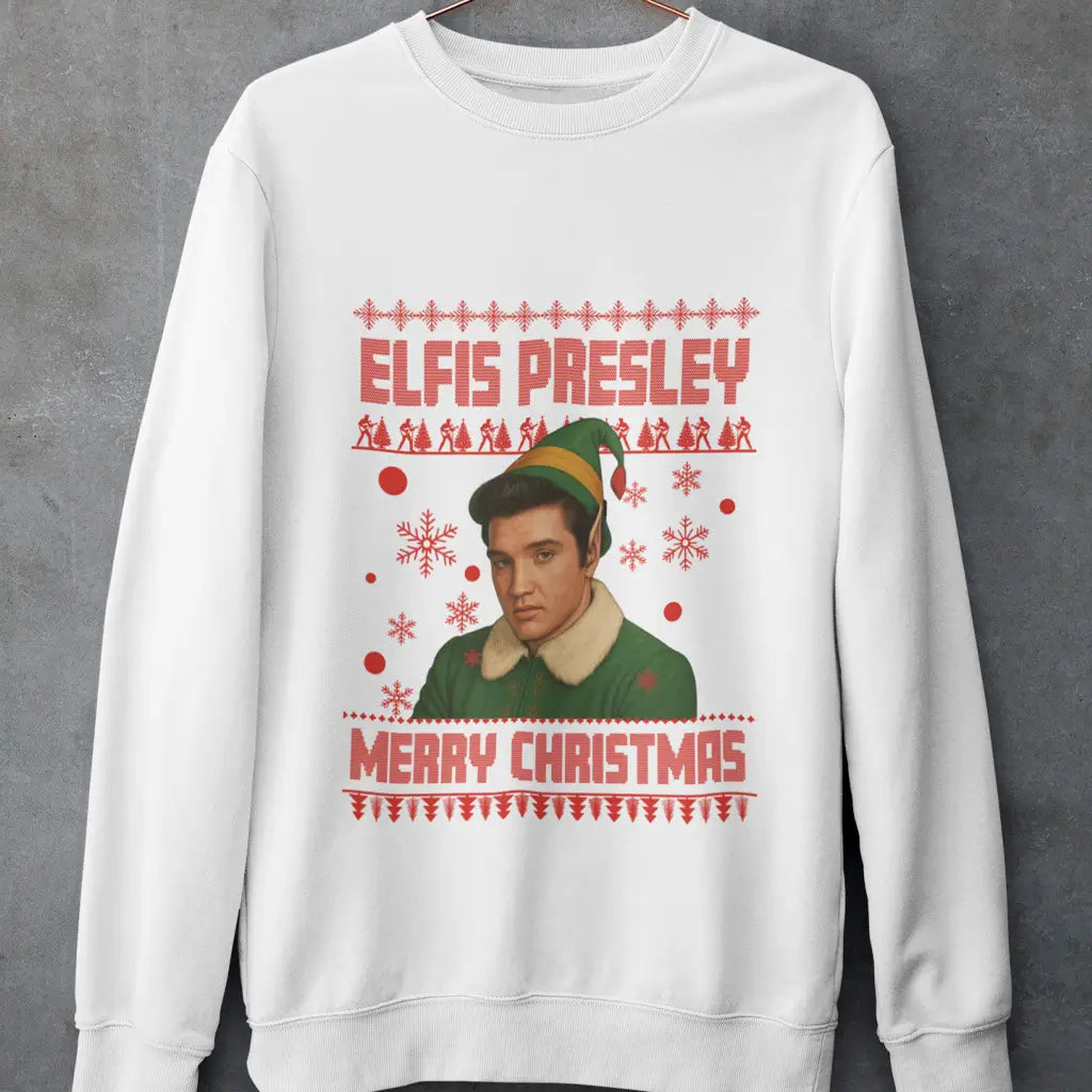 White Elfis Presley Christmas jumper with red text