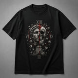 Fractured Legacy Roman statue skull graphic black T-shirt front mockup