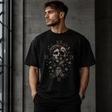 Male model wearing Fractured Legacy Roman statue skull black T-shirt
