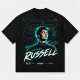 Black GR63 racing T-shirt with George Russell graphic, front view