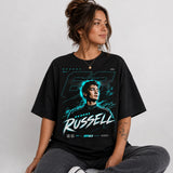 Seated female model wearing black GR63 racing graphic T-shirt