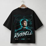 George Russell GR63 black racing T-shirt on wooden hanger