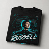 Folded black George Russell GR63 racing T-shirt close-up