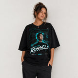 Female model wearing oversized black GR63 racing T-shirt