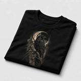 Gothic Raven Moon graphic T-shirt folded mockup - Deep Black