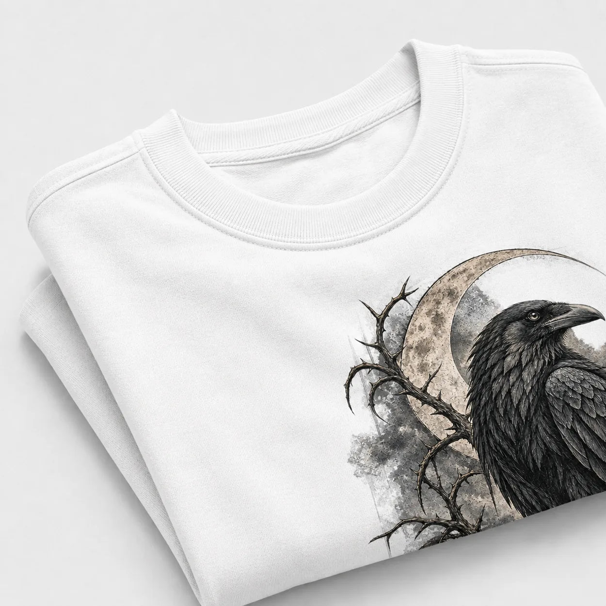 Gothic Raven Moon graphic T-shirt fabric detail