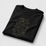 Gothic Snake and Roses graphic T-shirt folded mockup - Deep Black
