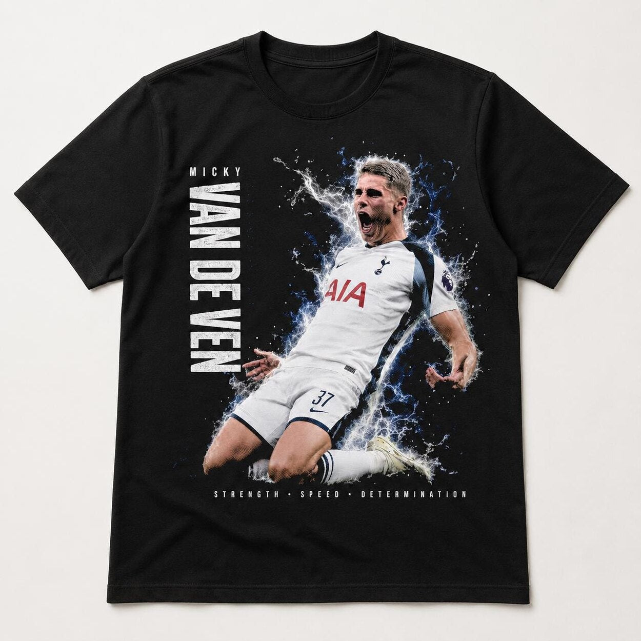 Micky van de Ven inspired black football graphic T-shirt flat lay