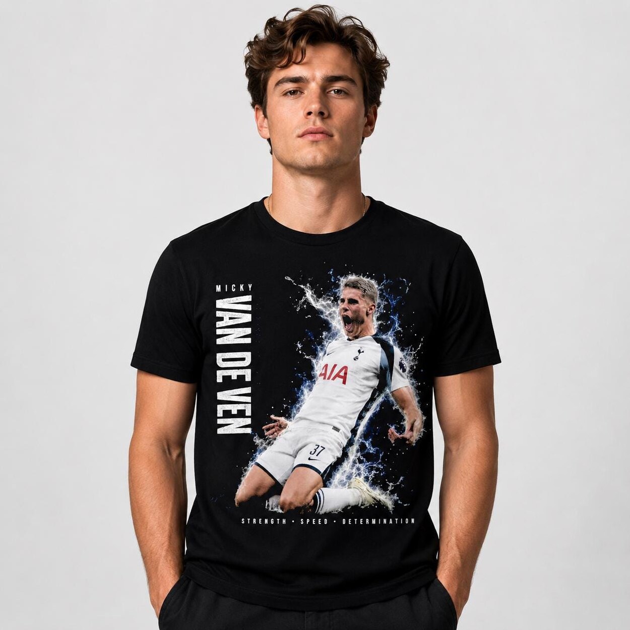 Man wearing black Micky van de Ven inspired football fan T-shirt
