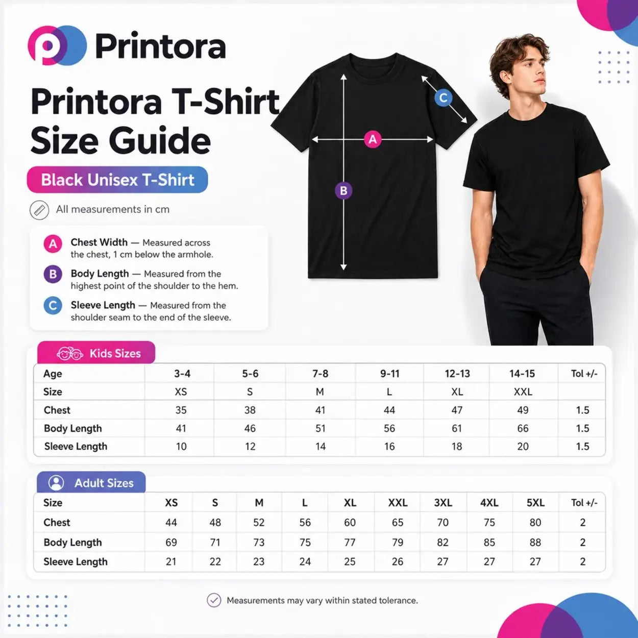 Printora black unisex T-shirt size guide for children and adults