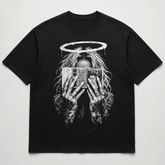 Money halo gothic graphic black T-shirt flat lay