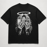 Money halo gothic graphic black T-shirt flat lay