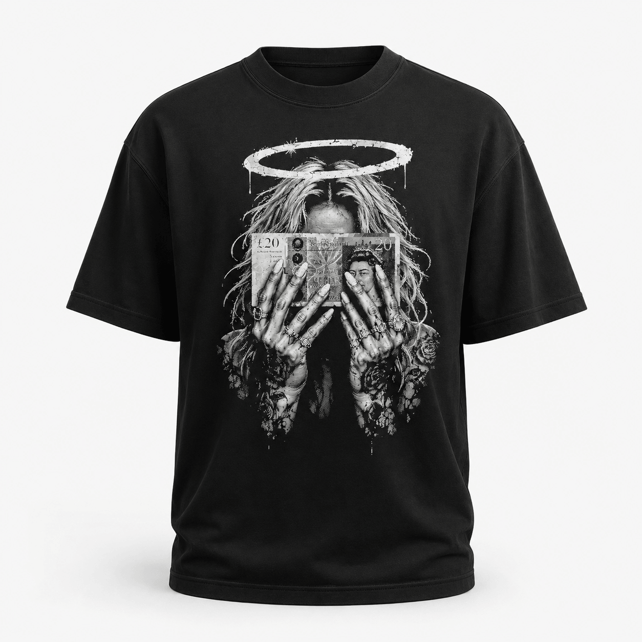Money halo gothic black T-shirt ghost mannequin mockup