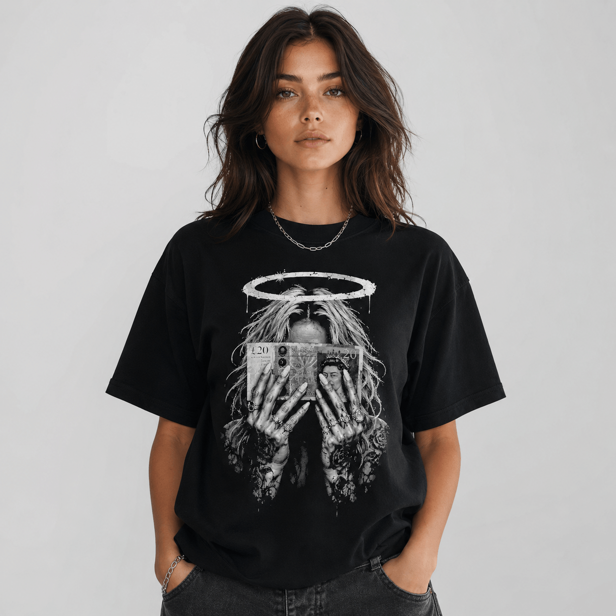 Female model wearing money halo gothic black graphic T-shirt