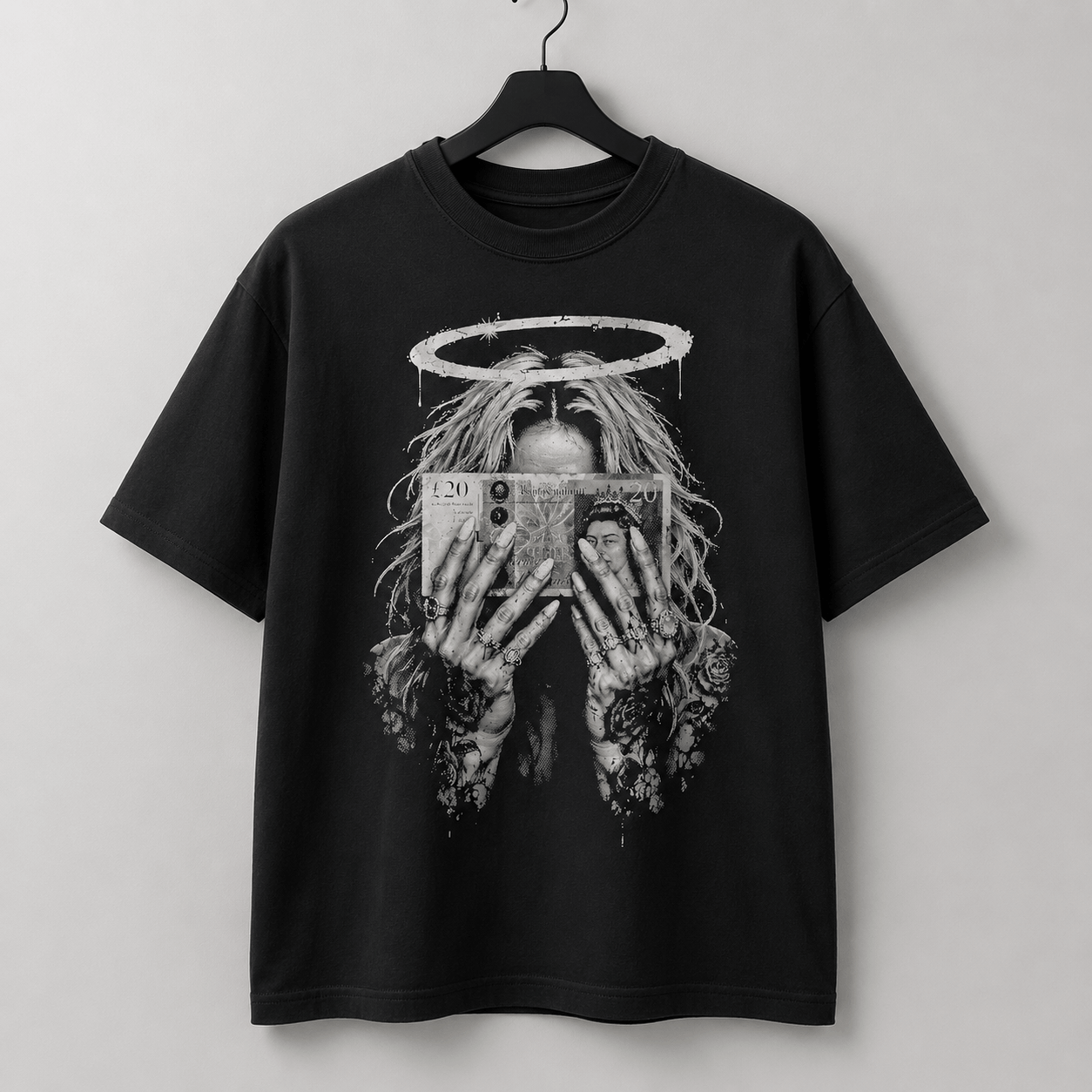Money halo gothic black graphic T-shirt hanger mockup