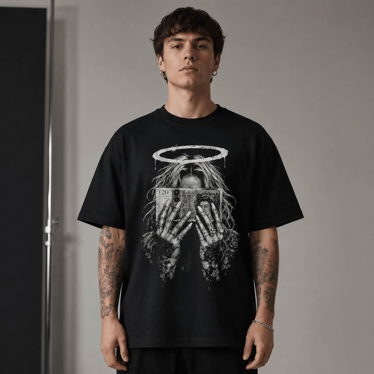 Male lifestyle mockup of money halo black graphic T-shirt