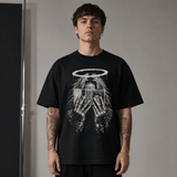Male lifestyle mockup of money halo black graphic T-shirt