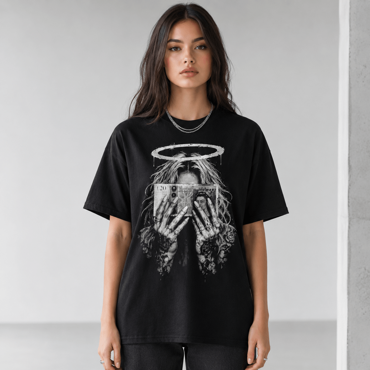 Female lifestyle mockup of money halo black graphic T-shirt