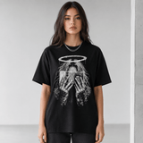 Female lifestyle mockup of money halo black graphic T-shirt