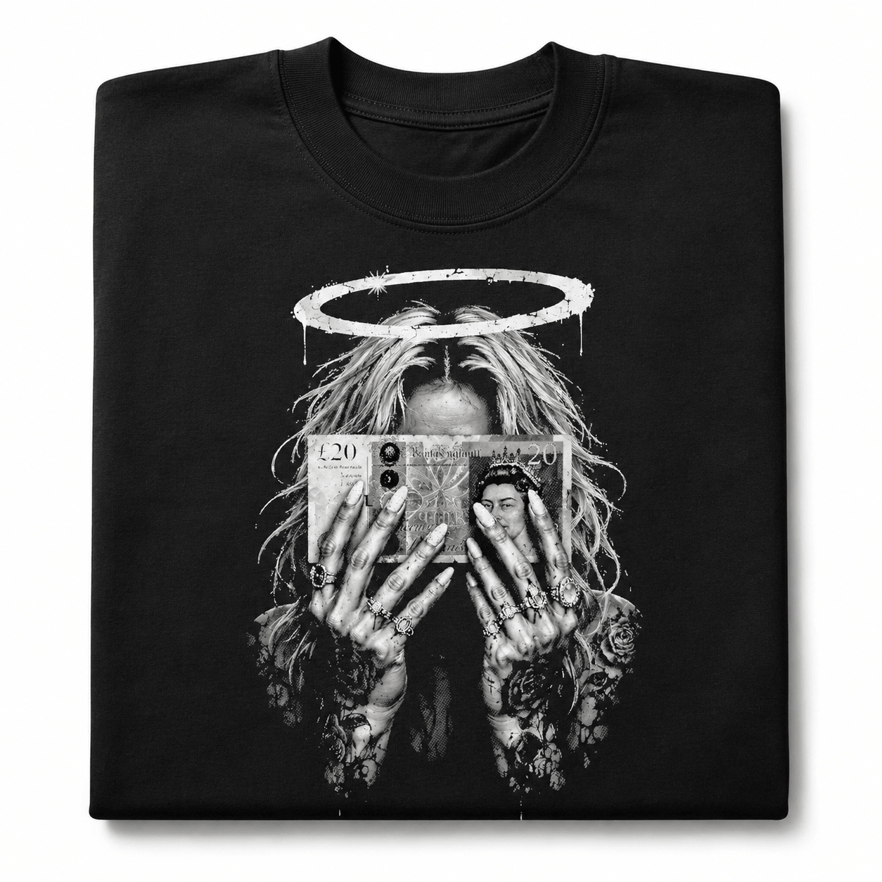 Folded money halo gothic black graphic T-shirt product image