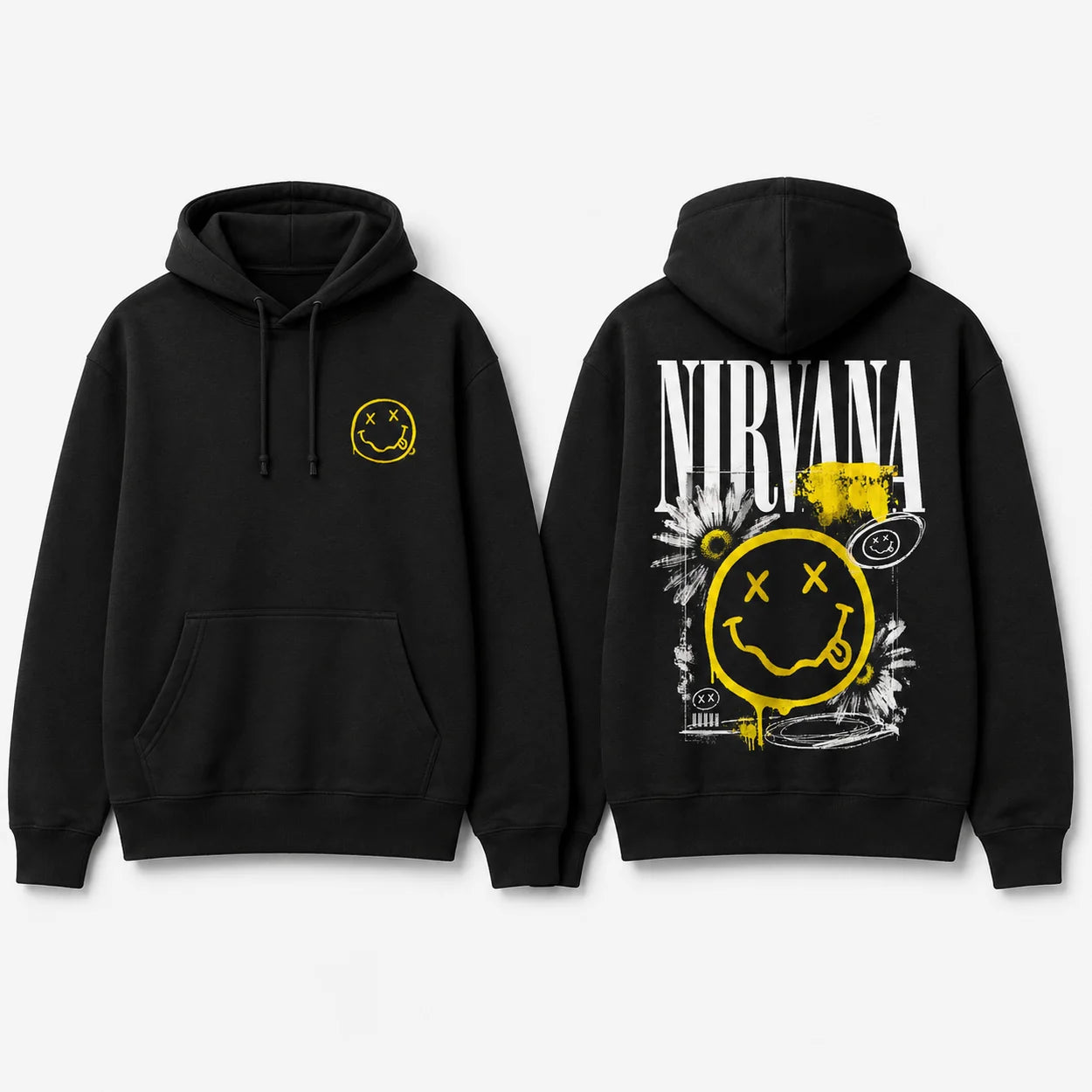 Nirvana black hoodie front and back mockup with yellow smiley chest print and large grunge back graphic