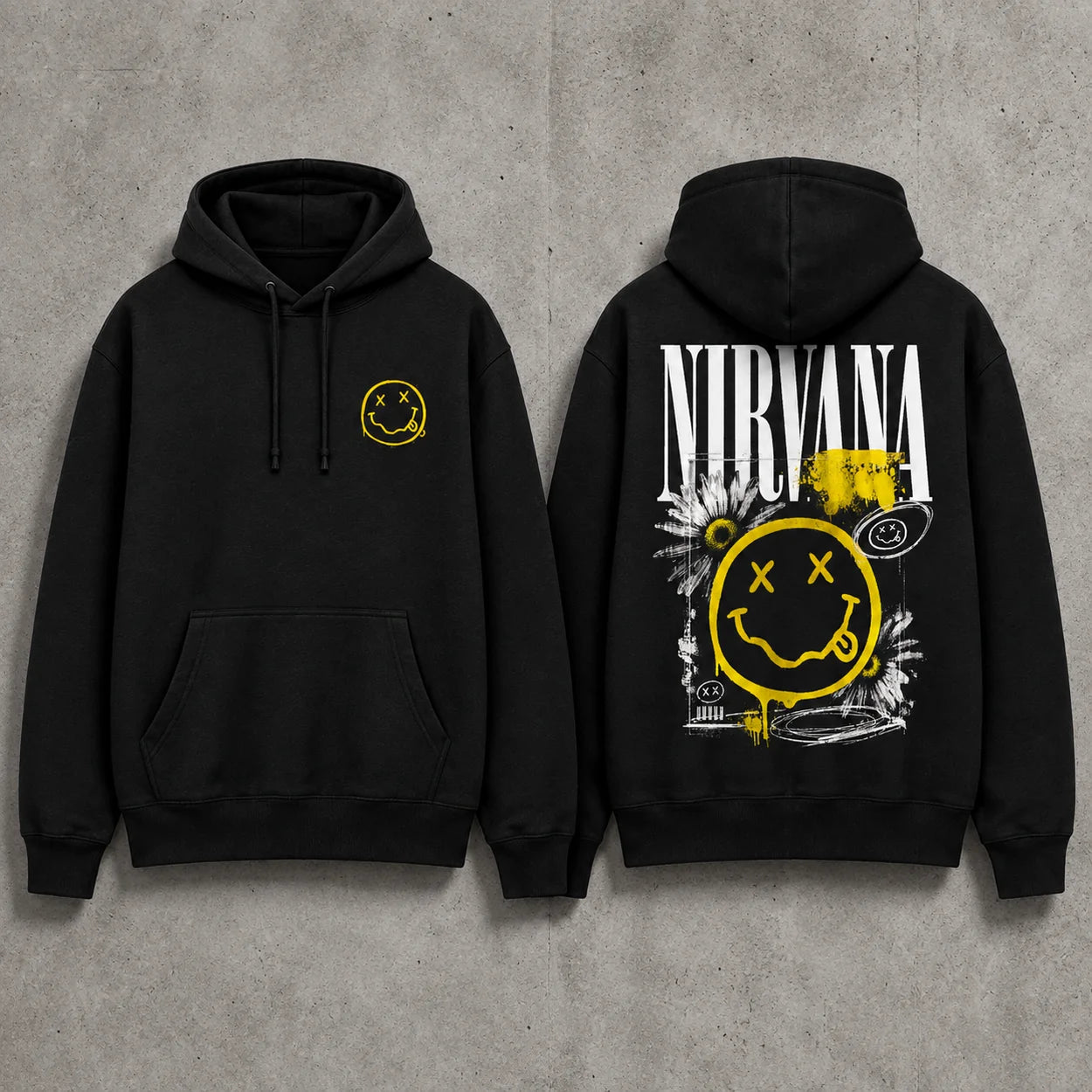 Nirvana black hoodie front and back mockup on concrete background with yellow smiley chest print and grunge back design